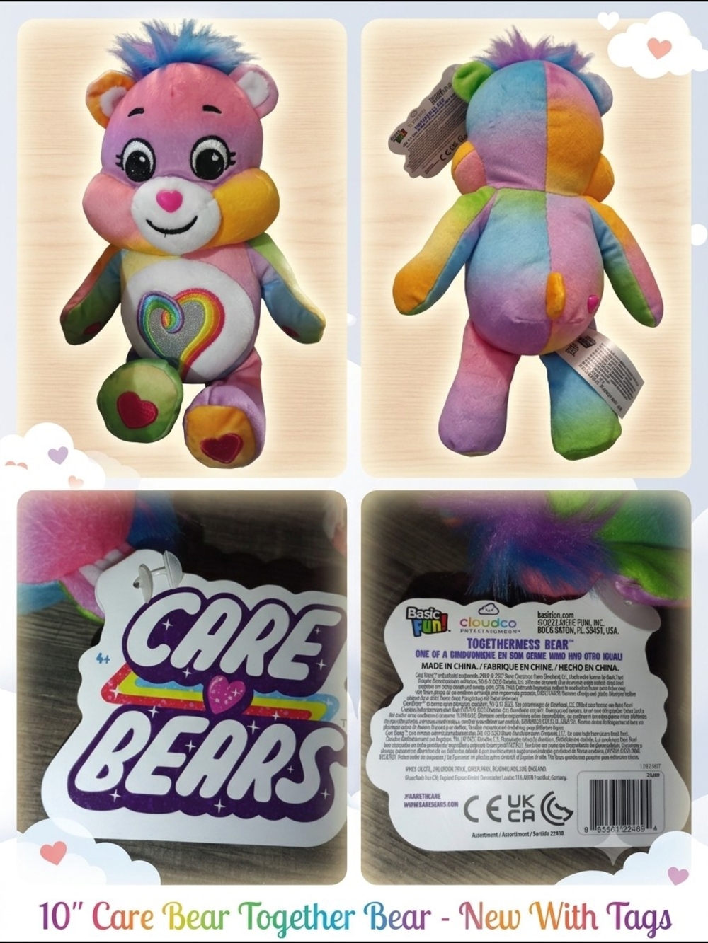 NWT Care Bears 10" Togetherness Bear Plush Rainbow Glitter Heart Basic Fun